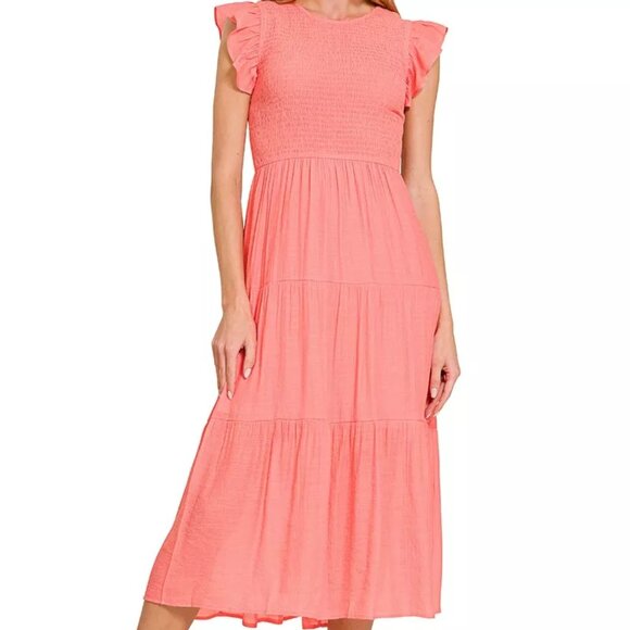 Zenana Outfitters Dresses & Skirts - Zenana Woven Smocked Ruffle Sleeve Midi‎ Dress
